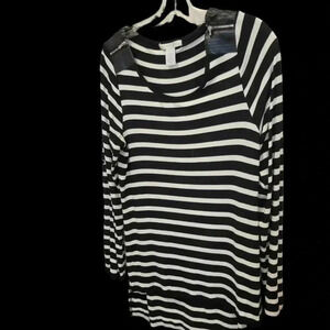 Design History Striped Black & White Tunic  Overblouse either leather inserts L